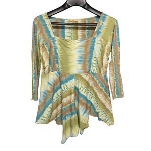 Cha Cha Vente Tie-Dye VNeck Asymmetrical Top Size L Green Blue Boho Hippie Tunic
